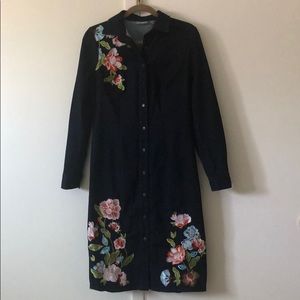 Long sleeve denim flower embroidered dress